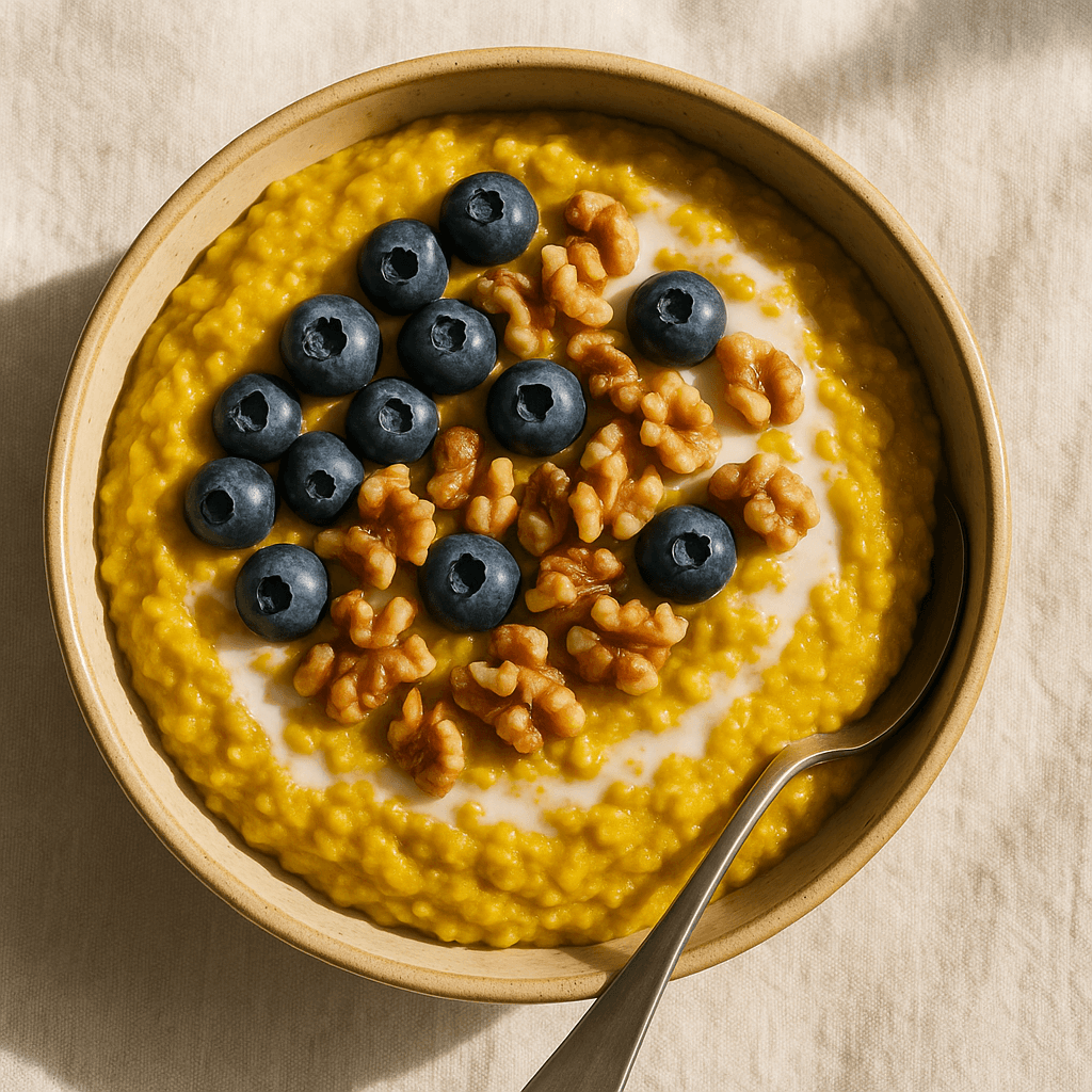 Kurkumas-ingvera biezputra ar mellenēm