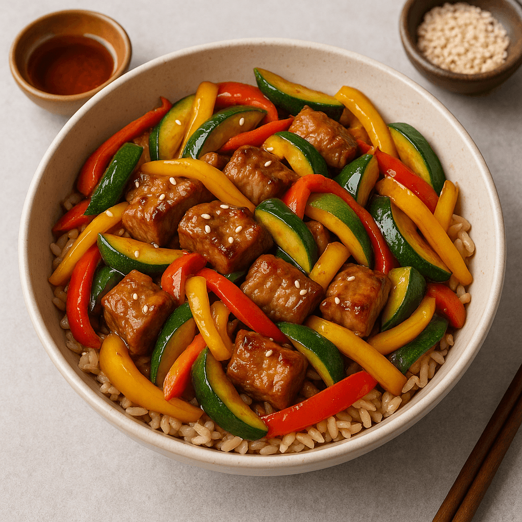 Sautēti dārzeņi ar cūku gaļu un rīsiem