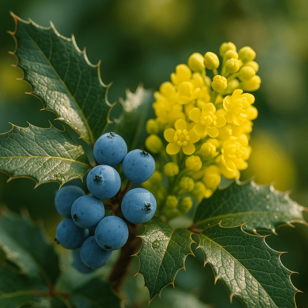 Mahonija (Oregon grape) lapas un ogas