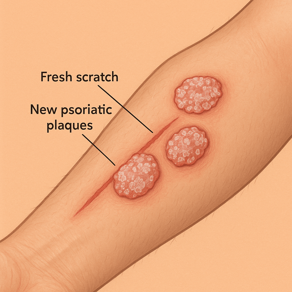 Kēbnera fenomena vizuālis ar skrāpējumu vietu