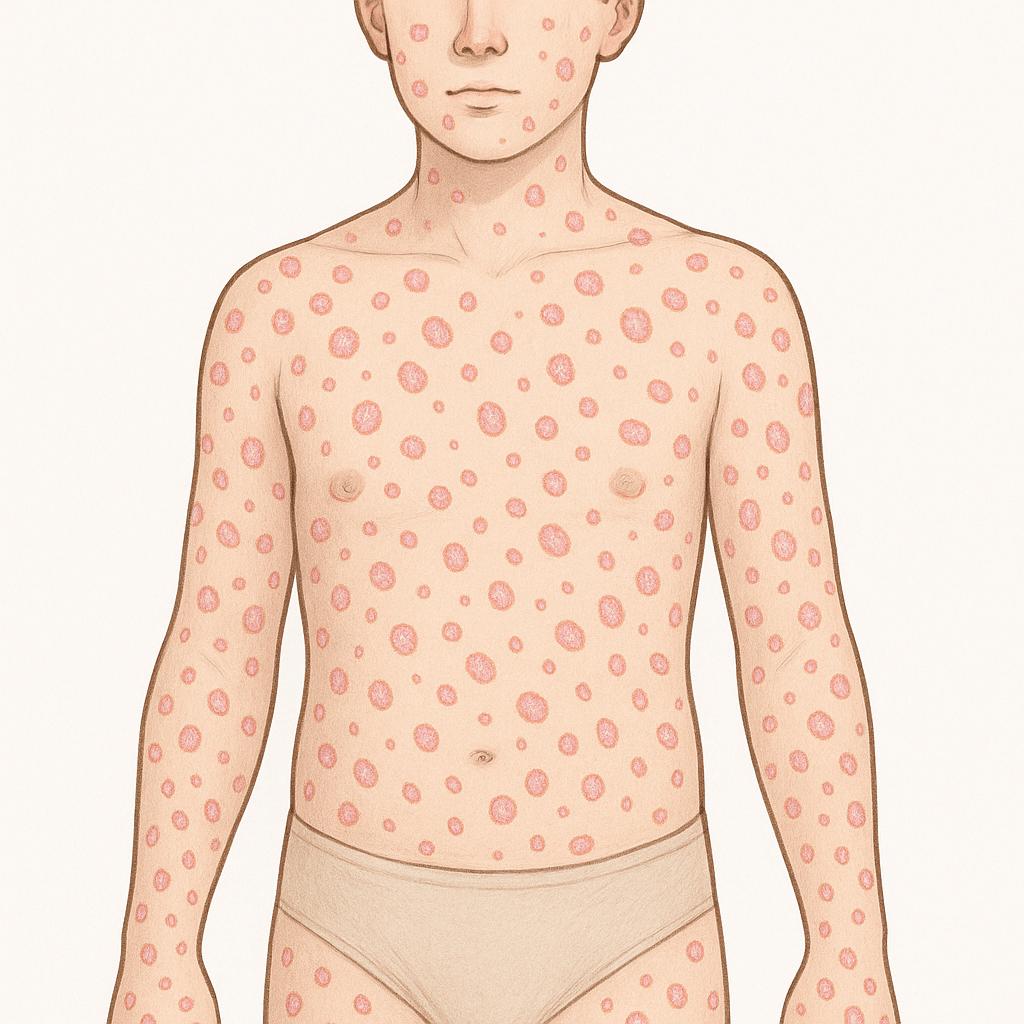 Pilienu psoriāzes vizuālis ar sīkiem plankumiem uz torsā