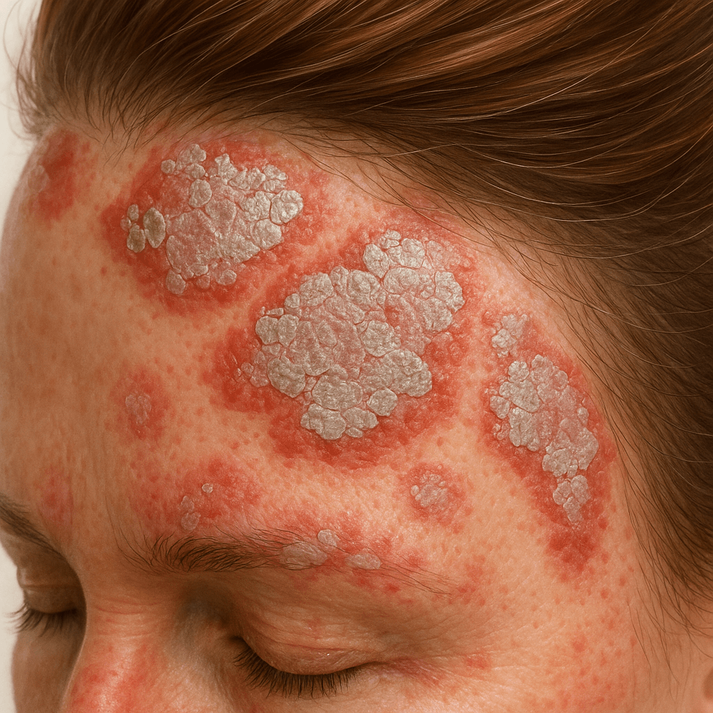 Galvas psoriāzes vizuālis ar sarkanām zvīņām matainajā daļā